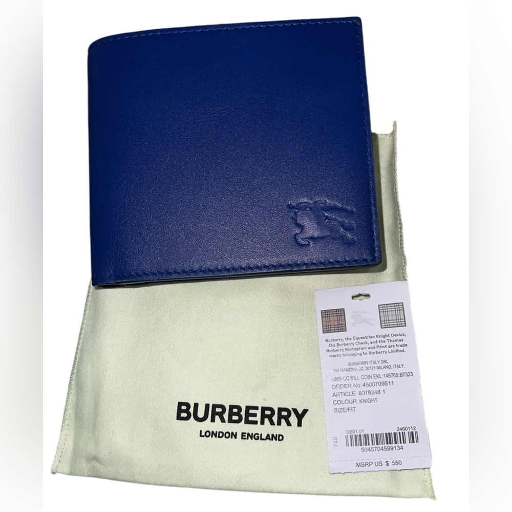 New Authentic BURBERRY Blue Leather Bifold Wallet $550.00